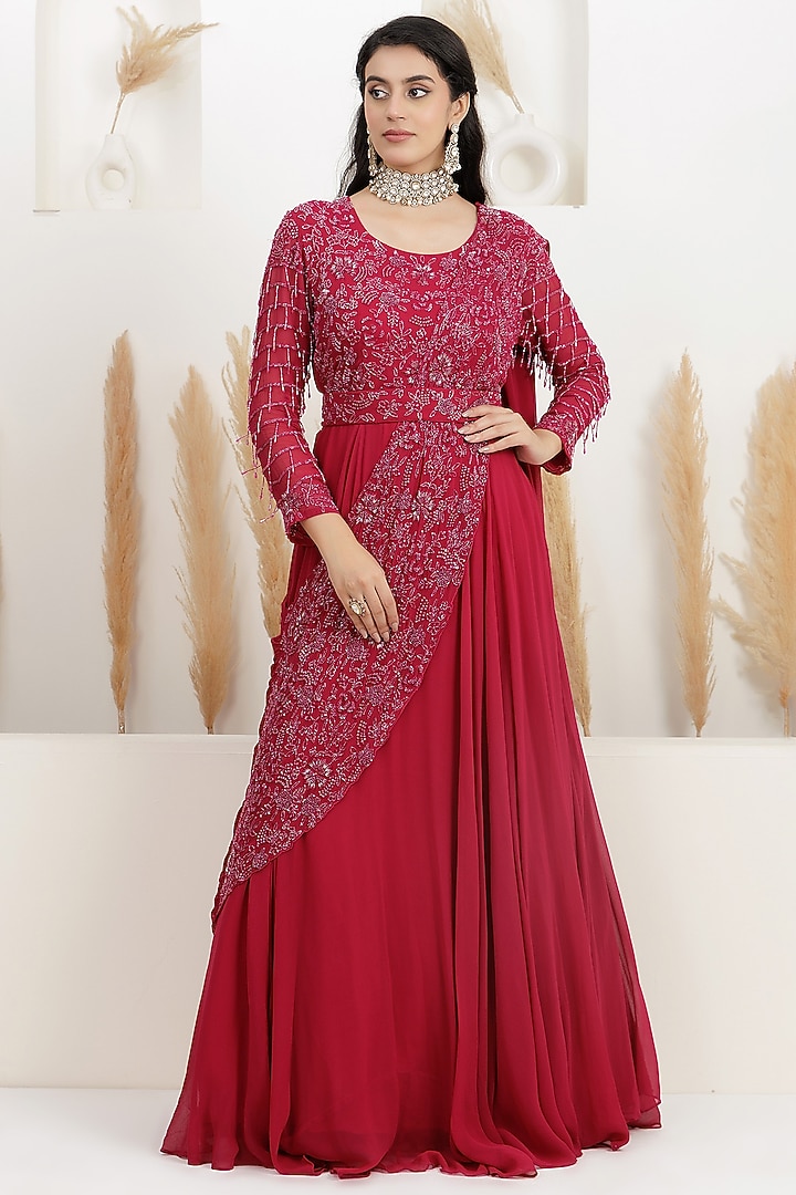 Cranberry Red Georgette Embroidered Draped Wedding Gown Saree by Baidehi at Pernia's Pop Up Shop