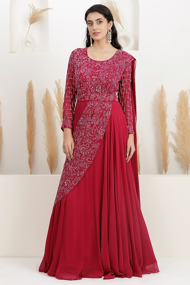 Cranberry Red Georgette Embroidered Draped Wedding Gown Saree by Baidehi at Pernia's Pop Up Shop