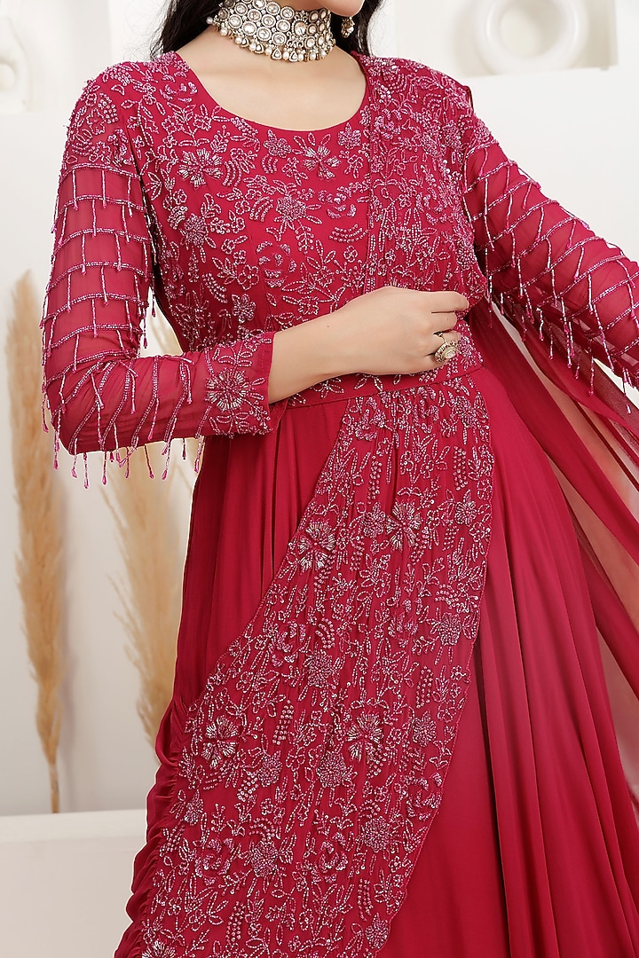 Cranberry Red Georgette Embroidered Draped Wedding Gown Saree by Baidehi at Pernia's Pop Up Shop
