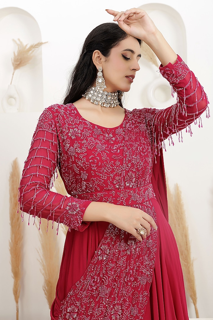 Cranberry Red Georgette Embroidered Draped Wedding Gown Saree by Baidehi at Pernia's Pop Up Shop