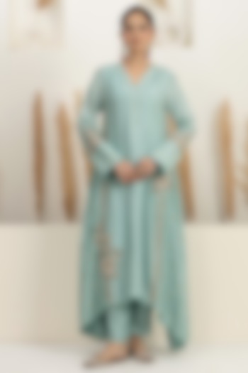 Ice Blue Bemberg Silk Zari Embroidered Asymmetrical Kurta Set by Baidehi at Pernia's Pop Up Shop
