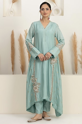 Ice Blue Bemberg Silk Zari Embroidered Asymmetrical Kurta Set by Baidehi