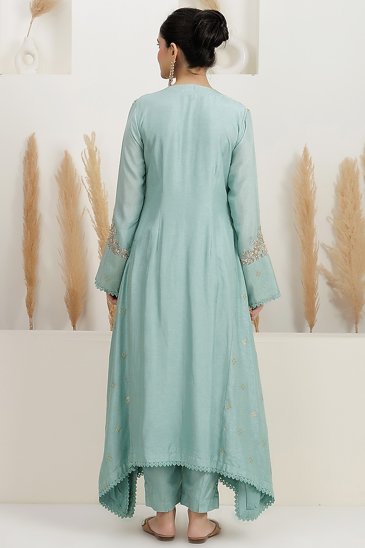 Ice Blue Bemberg Silk Zari Embroidered Asymmetrical Kurta Set by Baidehi at Pernia's Pop Up Shop