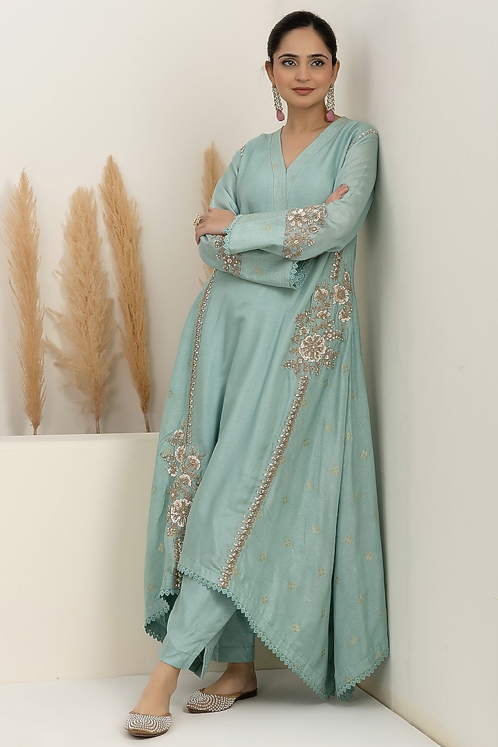 Ice Blue Bemberg Silk Zari Embroidered Asymmetrical Kurta Set by Baidehi at Pernia's Pop Up Shop