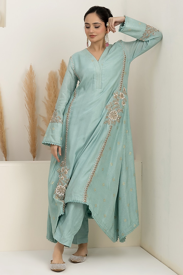 Ice Blue Bemberg Silk Zari Embroidered Asymmetrical Kurta Set by Baidehi at Pernia's Pop Up Shop