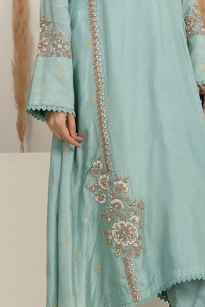 Ice Blue Bemberg Silk Zari Embroidered Asymmetrical Kurta Set by Baidehi at Pernia's Pop Up Shop