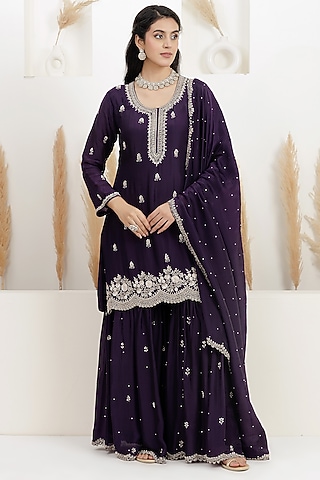 Dark Purple Organza Silk Sharara Set by Baidehi