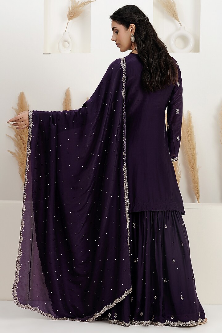 Dark Purple Organza Silk Party Wear Sharara Set by Baidehi at Pernia's Pop Up Shop