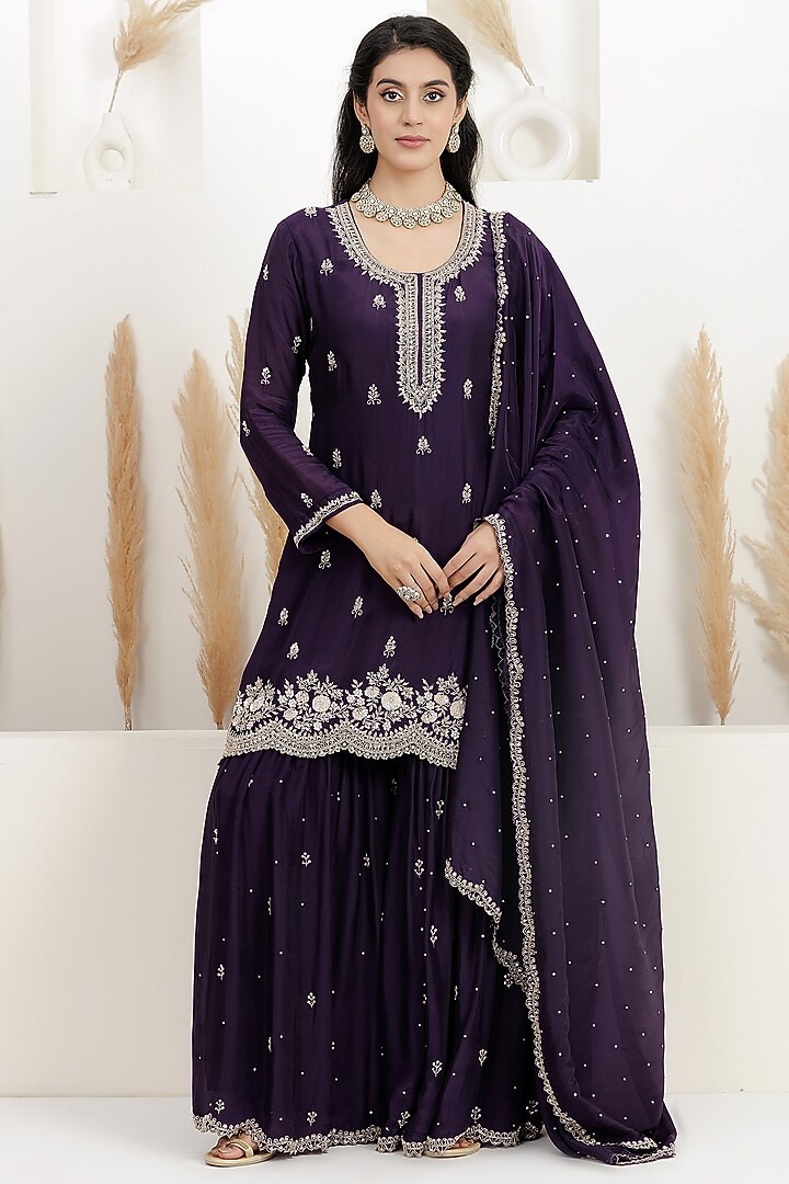 Dark Purple Organza Silk Party Wear Sharara Set by Baidehi at Pernia's Pop Up Shop