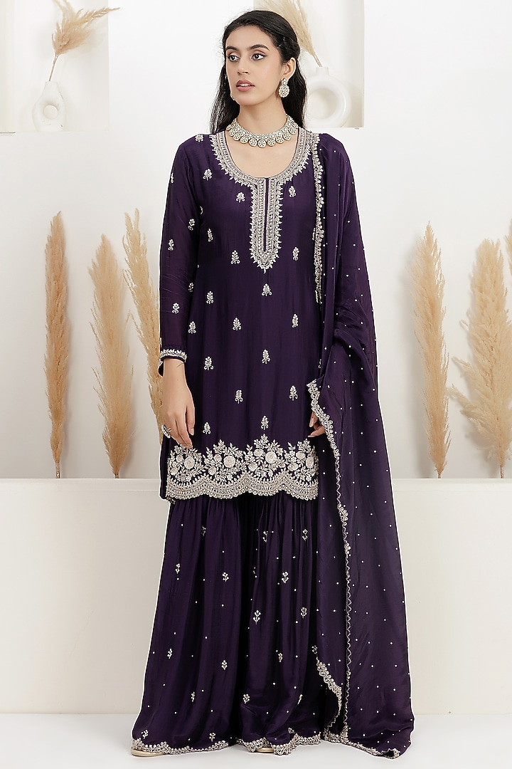 Dark Purple Organza Silk Party Wear Sharara Set by Baidehi at Pernia's Pop Up Shop