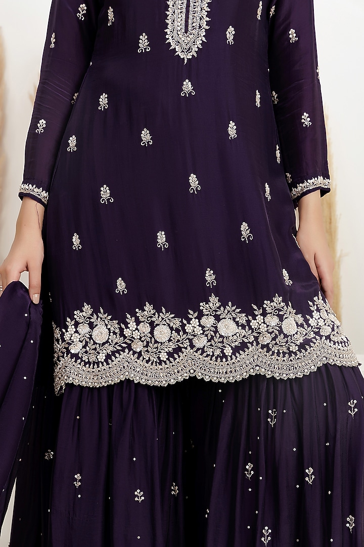 Dark Purple Organza Silk Party Wear Sharara Set by Baidehi at Pernia's Pop Up Shop