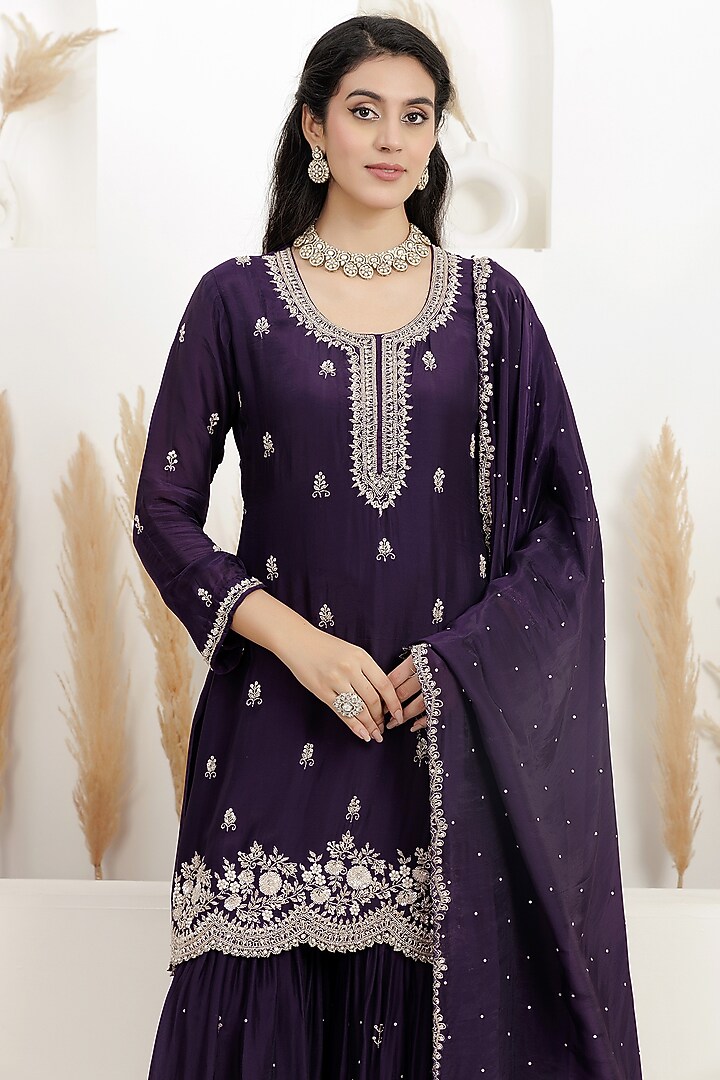 Dark Purple Organza Silk Party Wear Sharara Set by Baidehi at Pernia's Pop Up Shop