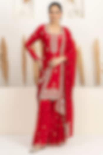 Crimson Red Organza Silk Party Wear Sharara Set by Baidehi at Pernia's Pop Up Shop