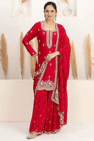 Crimson Red Organza Silk Sharara Set by Baidehi