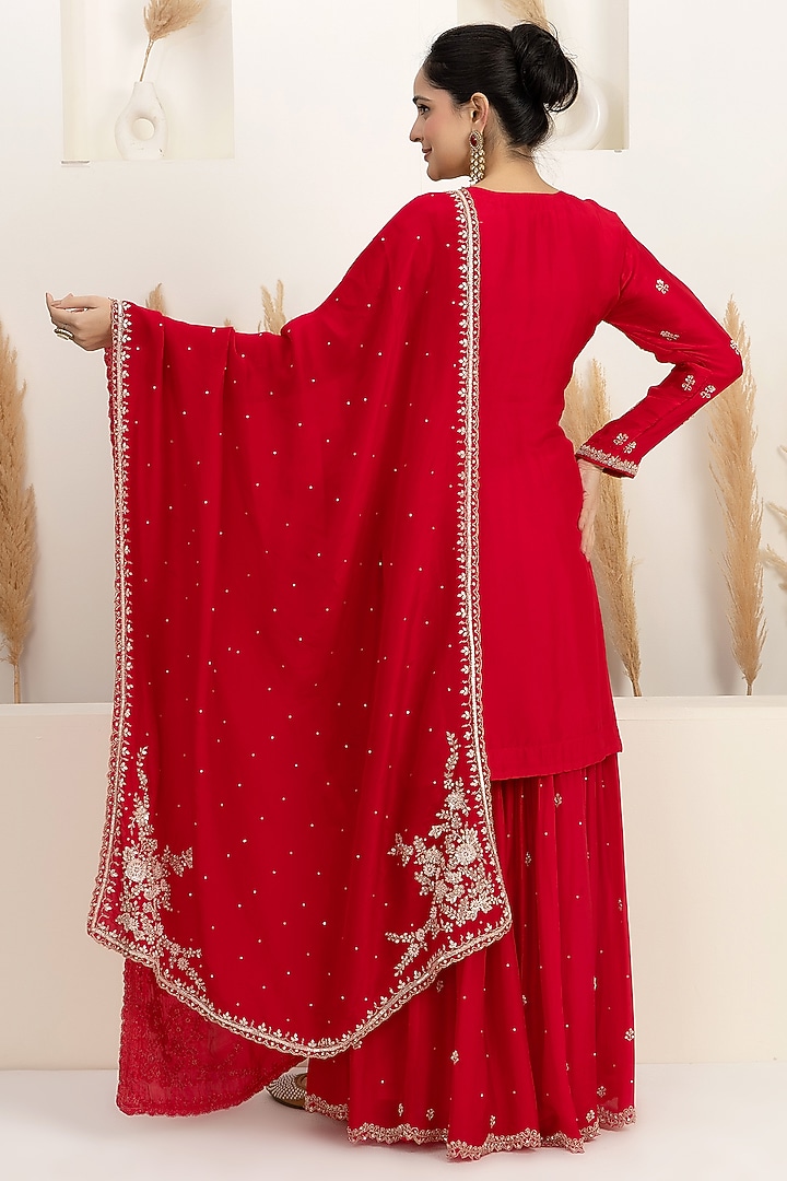Crimson Red Organza Silk Party Wear Sharara Set by Baidehi at Pernia's Pop Up Shop