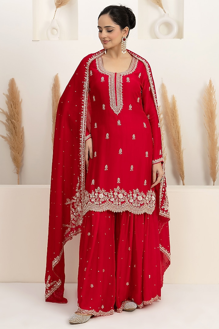 Crimson Red Organza Silk Party Wear Sharara Set by Baidehi at Pernia's Pop Up Shop