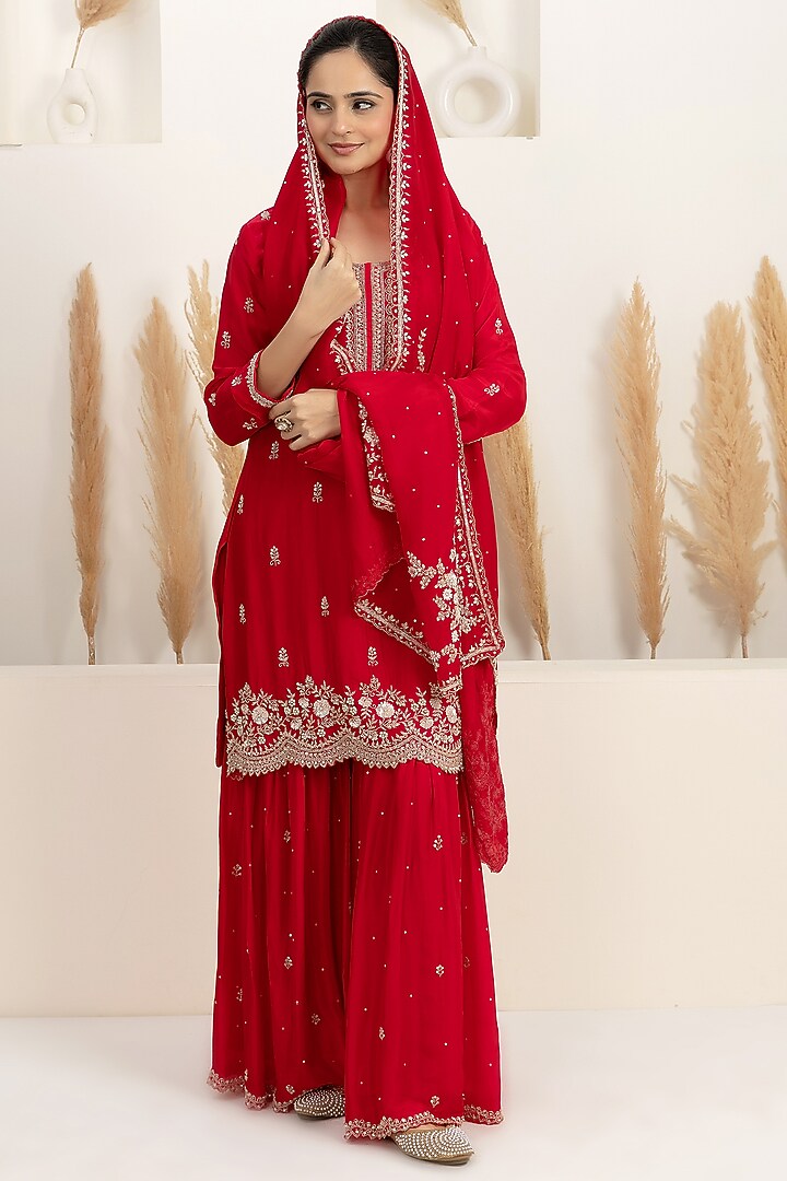 Crimson Red Organza Silk Party Wear Sharara Set by Baidehi at Pernia's Pop Up Shop