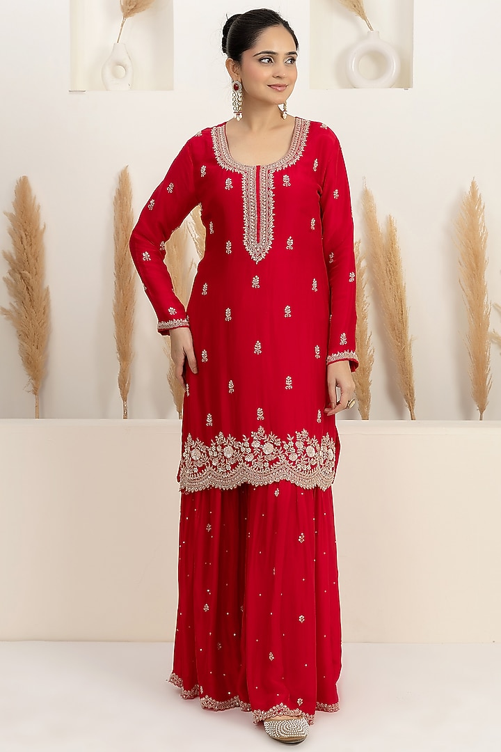 Crimson Red Organza Silk Party Wear Sharara Set by Baidehi at Pernia's Pop Up Shop