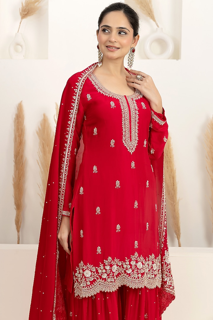 Crimson Red Organza Silk Party Wear Sharara Set by Baidehi at Pernia's Pop Up Shop