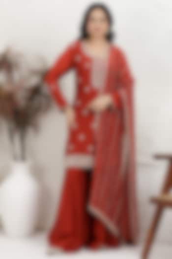 Deep Rust Organza Silk Party Wear Sharara Set by Baidehi at Pernia's Pop Up Shop