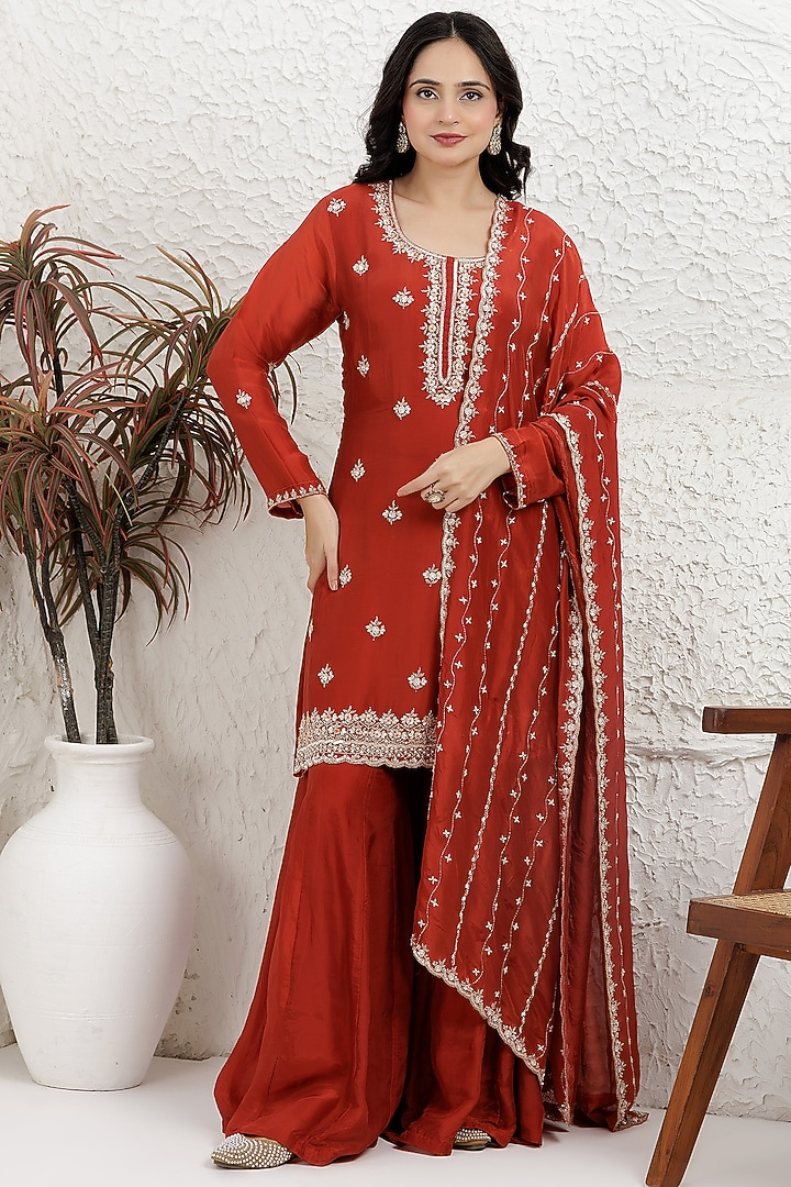 Deep Rust Organza Silk Party Wear Sharara Set by Baidehi at Pernia's Pop Up Shop