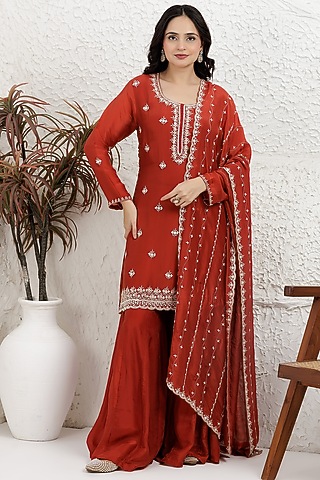 Deep Rust Organza Silk Sharara Set by Baidehi