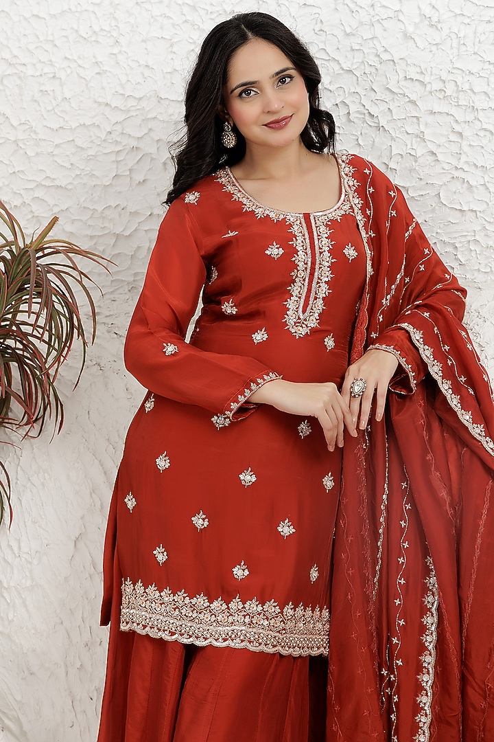 Deep Rust Organza Silk Party Wear Sharara Set by Baidehi at Pernia's Pop Up Shop