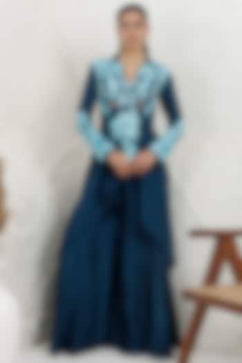 Cobalt Blue Bemberg Silk Thread Embroidered High-Low Tunic Set by Baidehi at Pernia's Pop Up Shop