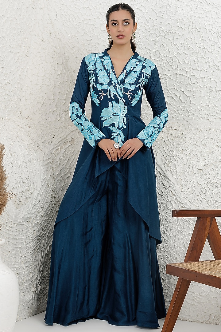 Cobalt Blue Bemberg Silk Thread Embroidered High-Low Tunic Set by Baidehi at Pernia's Pop Up Shop