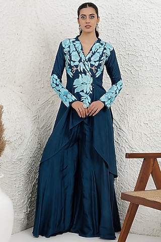 Cobalt Blue Bemberg Silk Thread Embroidered High-Low Tunic Set by Baidehi