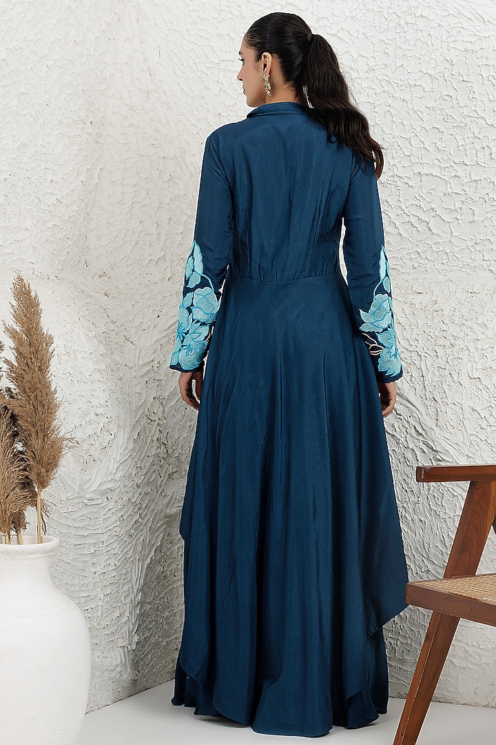 Cobalt Blue Bemberg Silk Thread Embroidered High-Low Tunic Set by Baidehi at Pernia's Pop Up Shop