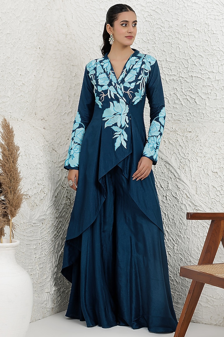 Cobalt Blue Bemberg Silk Thread Embroidered High-Low Tunic Set by Baidehi at Pernia's Pop Up Shop