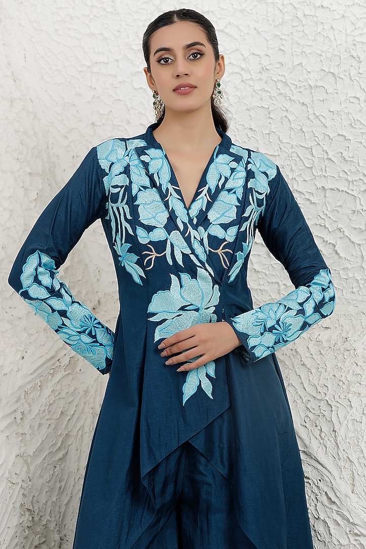 Cobalt Blue Bemberg Silk Thread Embroidered High-Low Tunic Set by Baidehi at Pernia's Pop Up Shop
