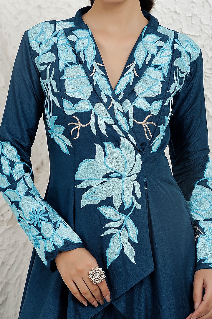 Cobalt Blue Bemberg Silk Thread Embroidered High-Low Tunic Set by Baidehi at Pernia's Pop Up Shop