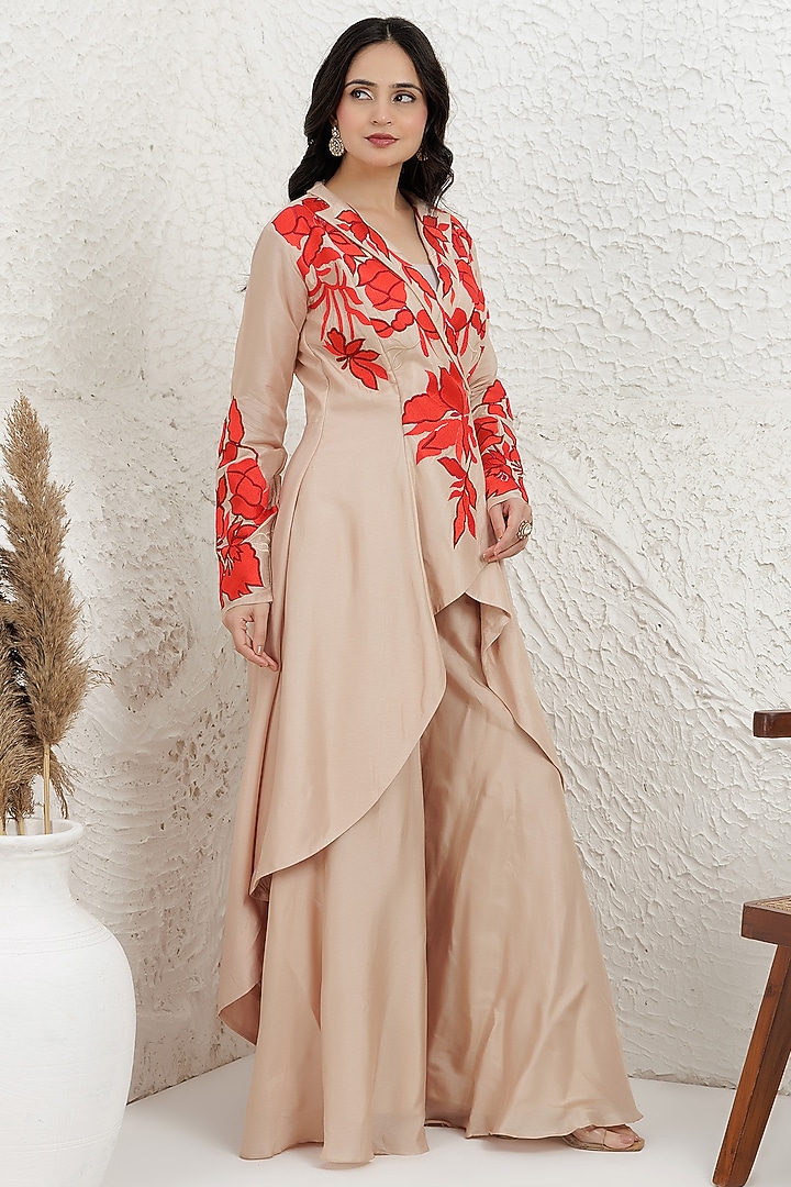 Beige Bemberg Silk Thread Embroidered High-Low Tunic Set by Baidehi at Pernia's Pop Up Shop