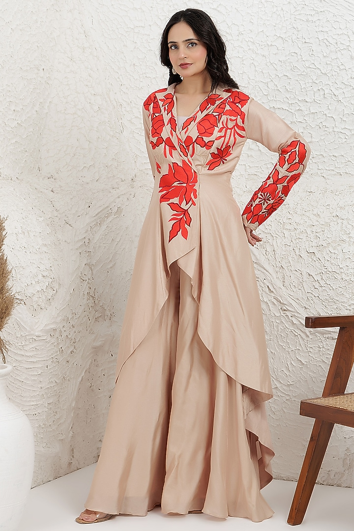 Beige Bemberg Silk Thread Embroidered High-Low Tunic Set by Baidehi at Pernia's Pop Up Shop