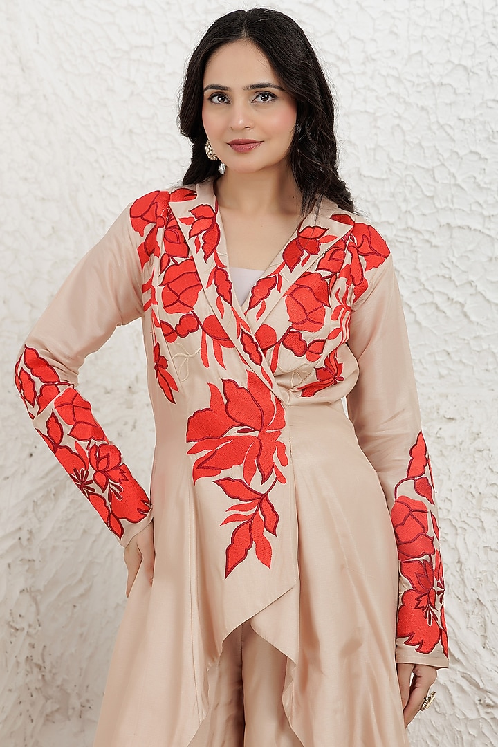 Beige Bemberg Silk Thread Embroidered High-Low Tunic Set by Baidehi at Pernia's Pop Up Shop