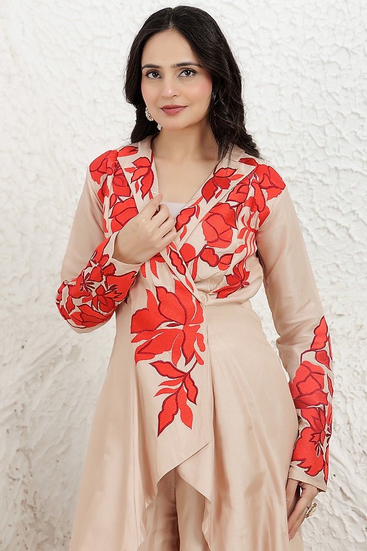 Beige Bemberg Silk Thread Embroidered High-Low Tunic Set by Baidehi at Pernia's Pop Up Shop