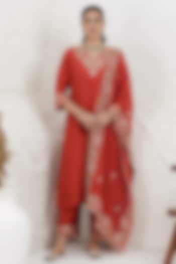 Rust Russian Silk Pitta Embroidered Kurta Set by Baidehi at Pernia's Pop Up Shop