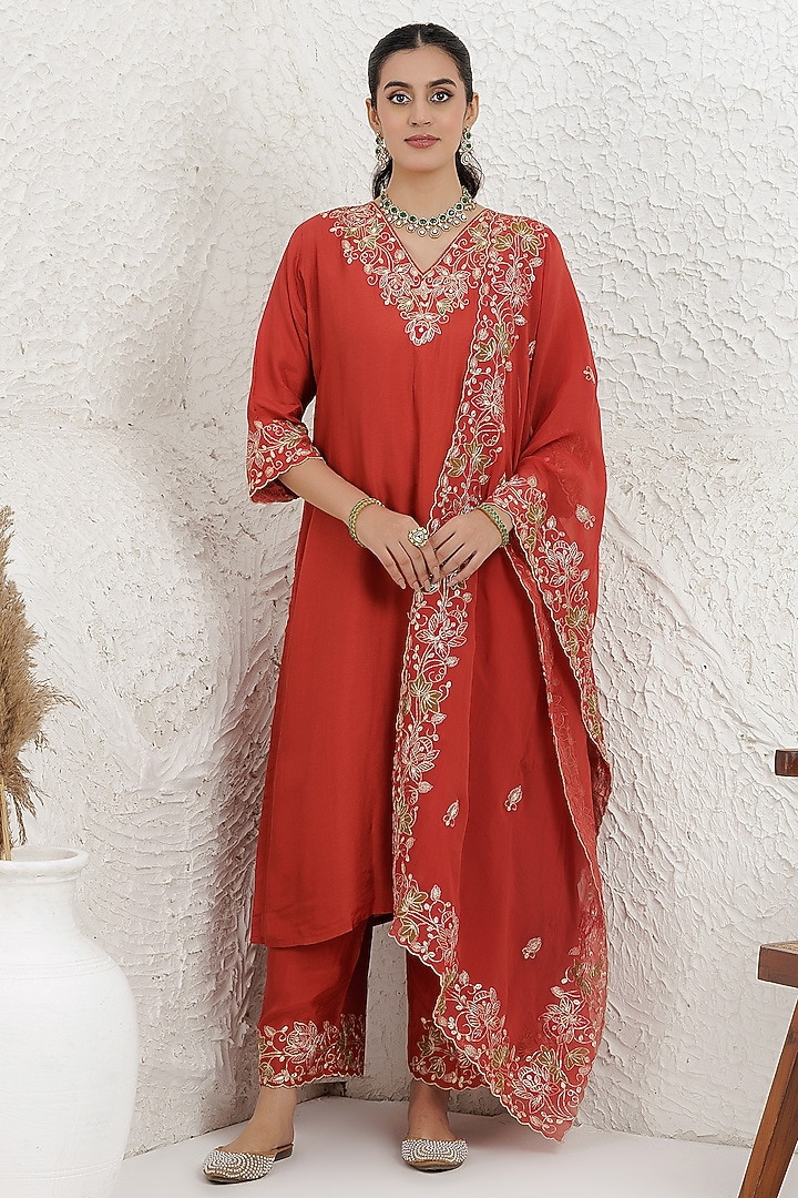 Rust Russian Silk Pitta Embroidered Kurta Set by Baidehi at Pernia's Pop Up Shop