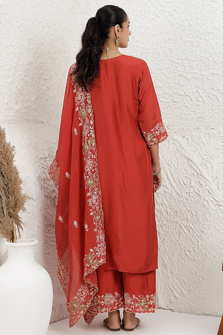 Rust Russian Silk Pitta Embroidered Kurta Set by Baidehi at Pernia's Pop Up Shop