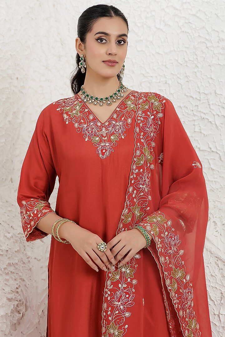 Rust Russian Silk Pitta Embroidered Kurta Set by Baidehi at Pernia's Pop Up Shop