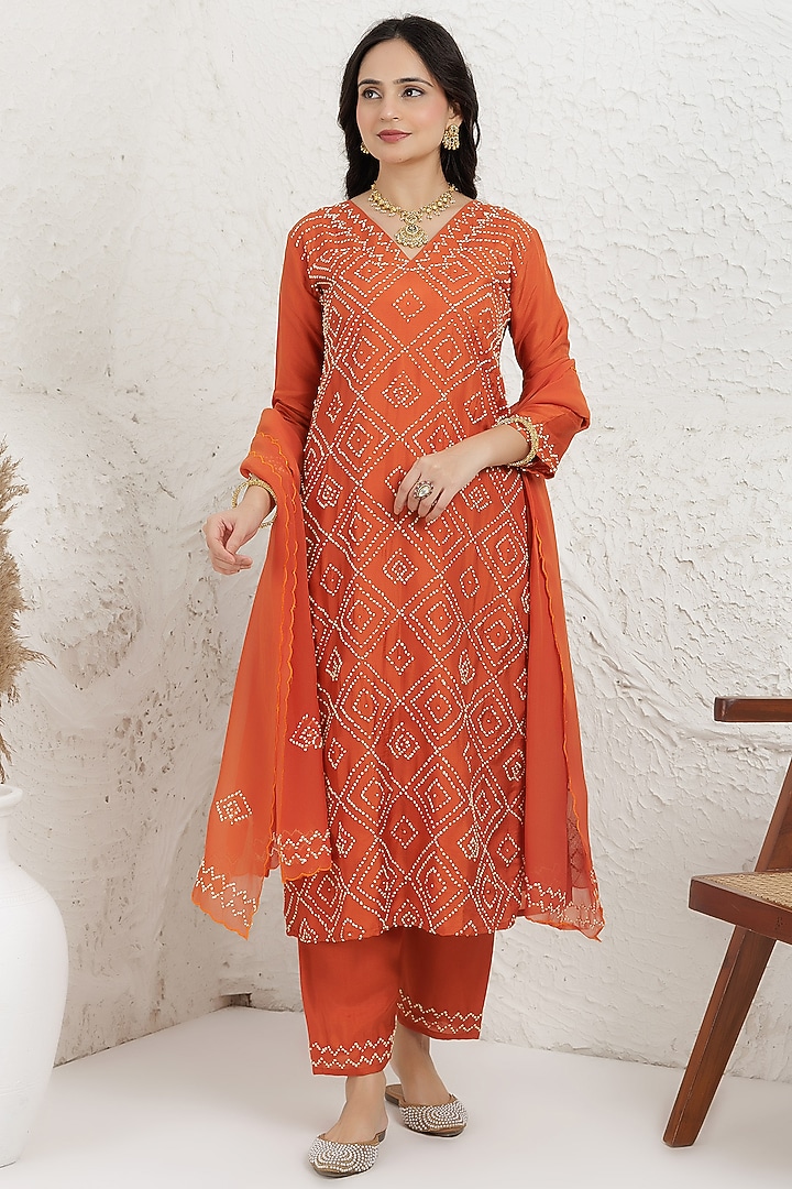 Rust Russian Silk French-Knot Embroidered Kurta Set by Baidehi at Pernia's Pop Up Shop