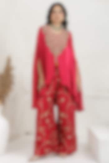 Red Fuchsia Satin Silk Cutdana Embroidered Cape Set by Baidehi at Pernia's Pop Up Shop