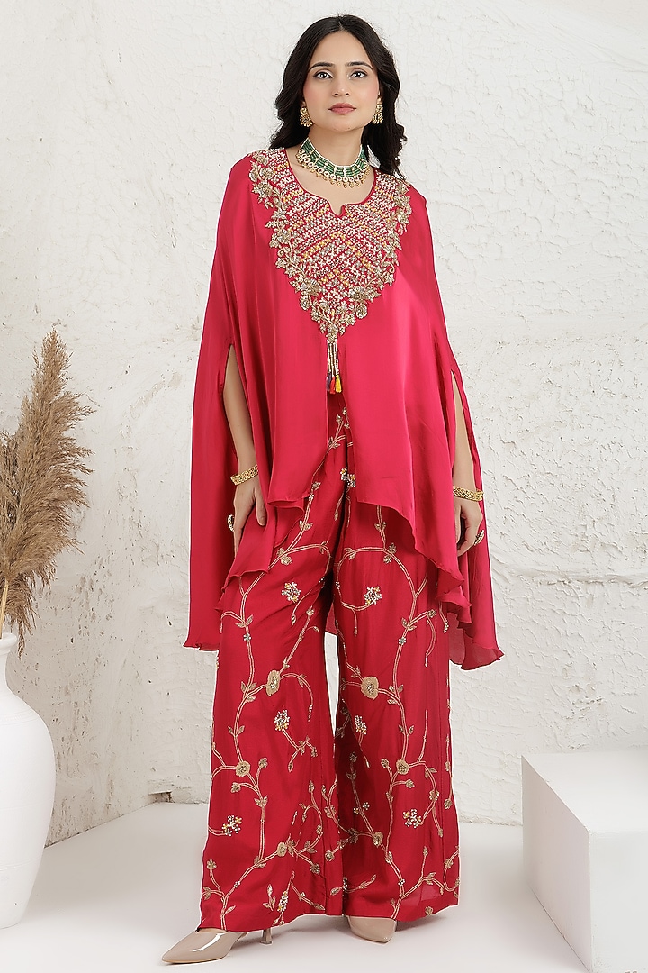 Red Fuchsia Satin Silk Cutdana Embroidered Cape Set by Baidehi at Pernia's Pop Up Shop