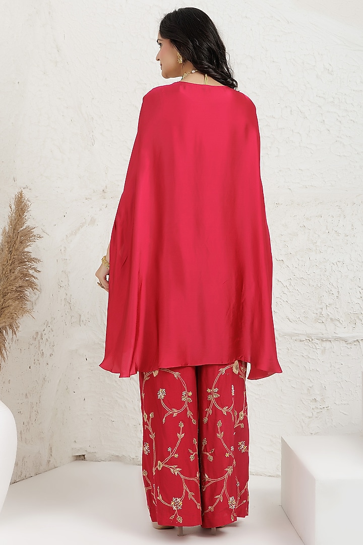 Red Fuchsia Satin Silk Cutdana Embroidered Cape Set by Baidehi at Pernia's Pop Up Shop