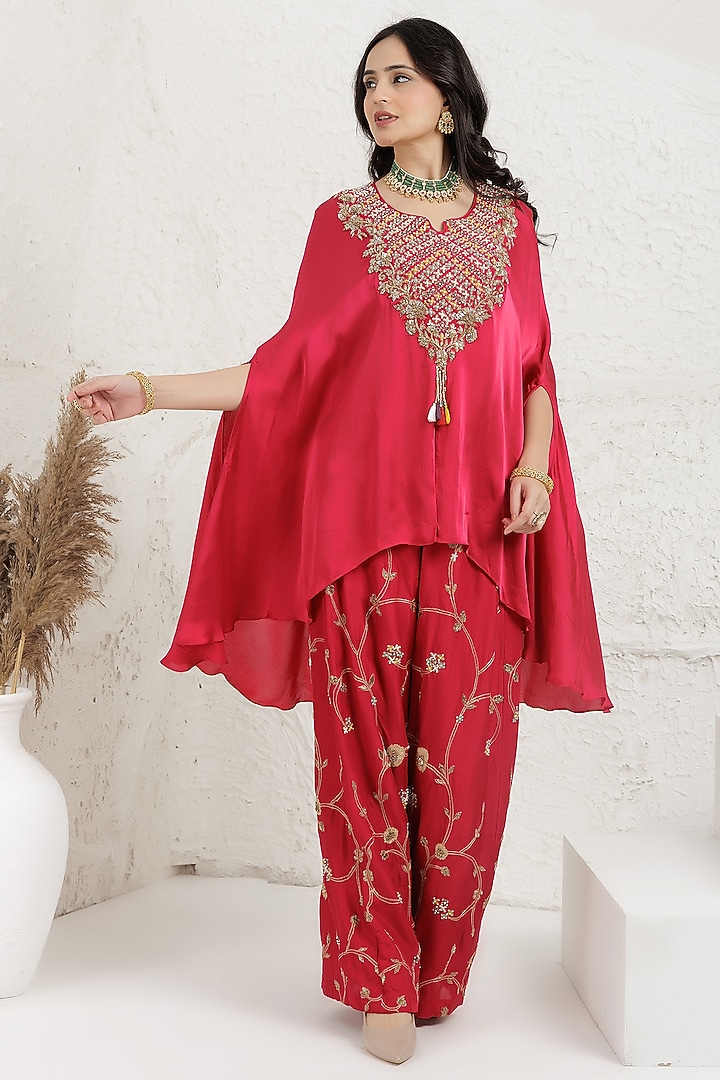 Red Fuchsia Satin Silk Cutdana Embroidered Cape Set by Baidehi at Pernia's Pop Up Shop
