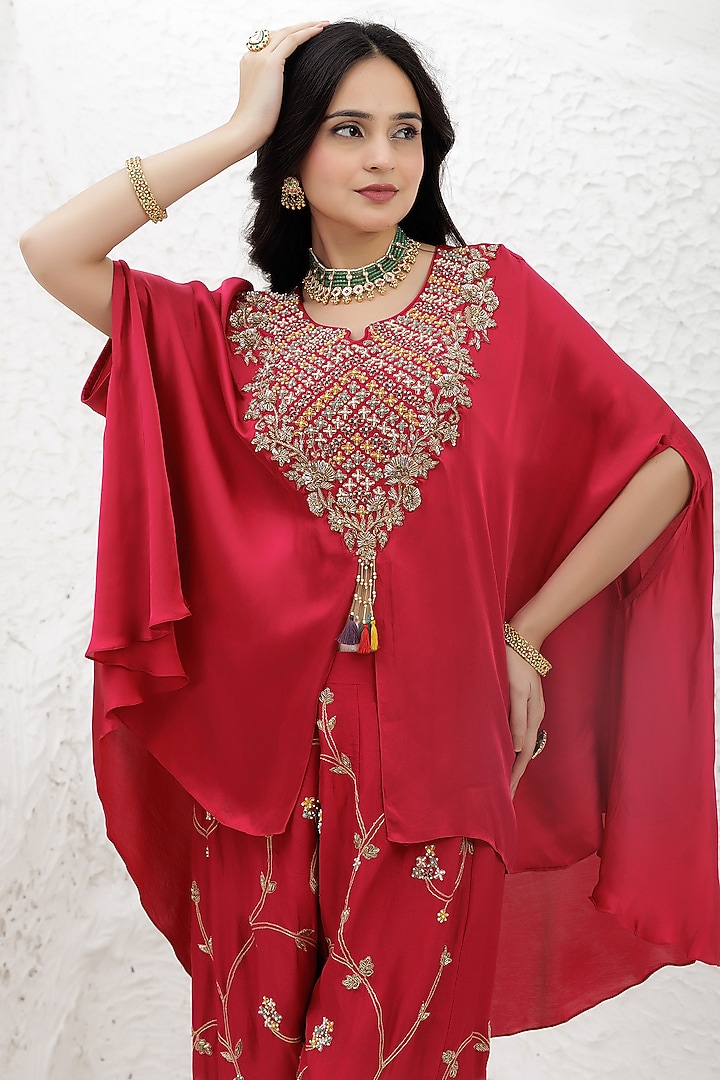 Red Fuchsia Satin Silk Cutdana Embroidered Cape Set by Baidehi at Pernia's Pop Up Shop