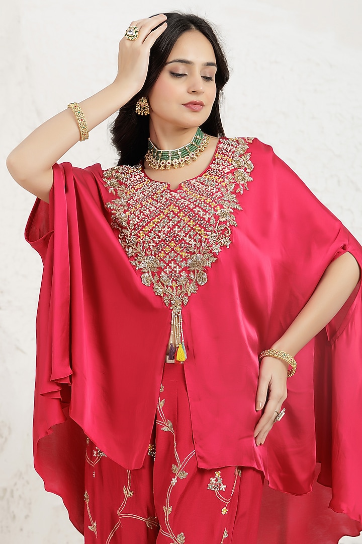 Red Fuchsia Satin Silk Cutdana Embroidered Cape Set by Baidehi at Pernia's Pop Up Shop