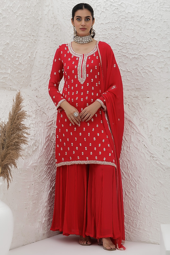 Scarlet Red Chinon Georgette Party Wear Sharara Set by Baidehi at Pernia's Pop Up Shop